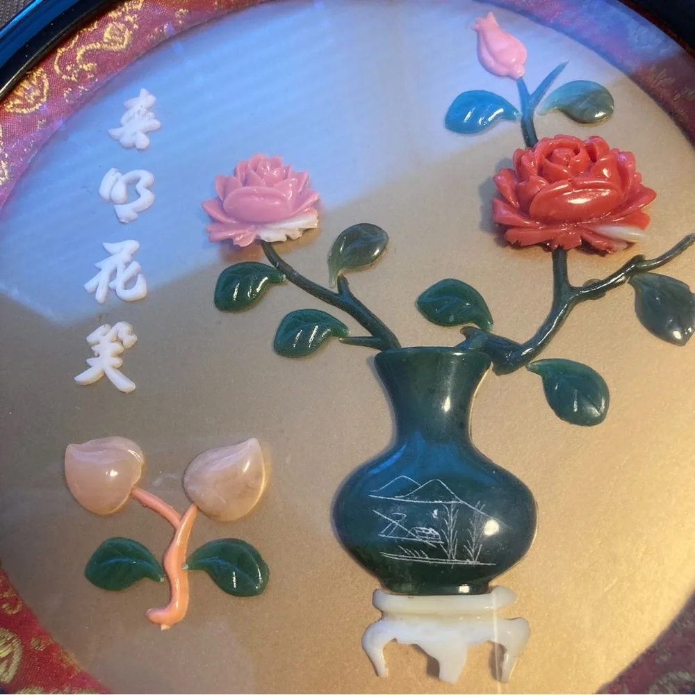 Vintage Asian Faux Jade Floral Still Life Shadowbox Wall Hanging